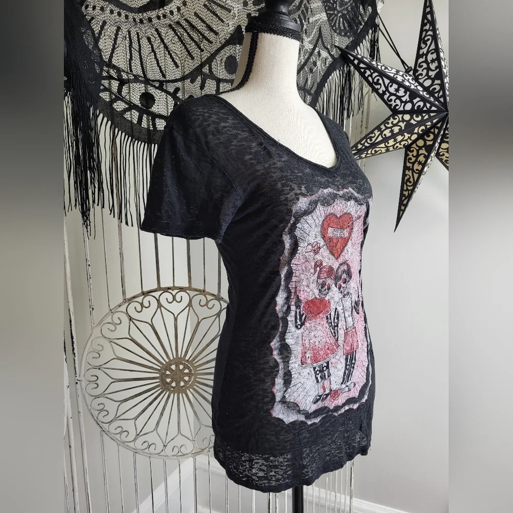 Vintage Sourpuss Skeleton Distressed Burnout Black Top Goth Punk Emo Y2K 2000s - Picture 3 of 4